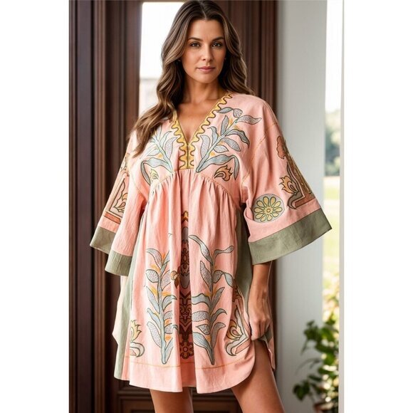 Printed Lightweight Three-Quarter Sleeve  Coverup Summer Dress- Pale Blush - Picture 1 of 4